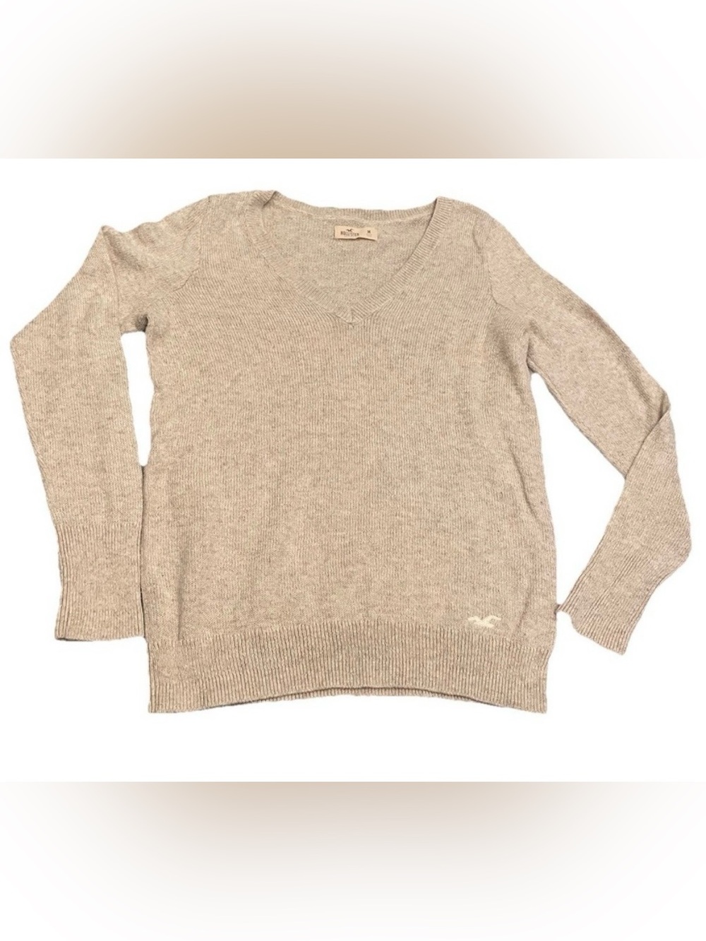 Hollister‎ Women's V-Neck Sweater Medium Beige Preppy Academia Capsule Wardrobe